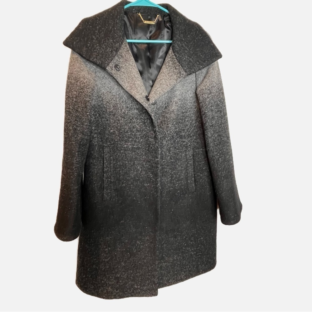 Trina Turk | Black and Gray Ombré 100% Wool Snap Button Mid-Length Coat